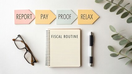 Organized workspace with notepad, glasses, pen, and colorful arrows depicting fiscal routine activities like report, pay, proof, relax