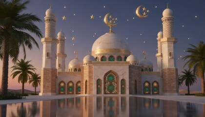 Golden Mosque with Crescent Moon at Sunset Reflection