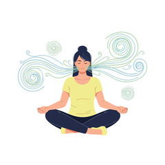 A person meditates, with breathing lines in blue and green on a white background