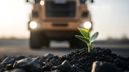 Small plant growing in coal with heavy machinery in background