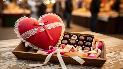 Heartshaped box of chocolates with red ribbon and lace decoration on wooden table