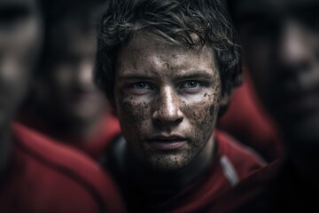 Young rugby player focused intensely on his opponents during a competitive match in a challenging environment with muddy conditions