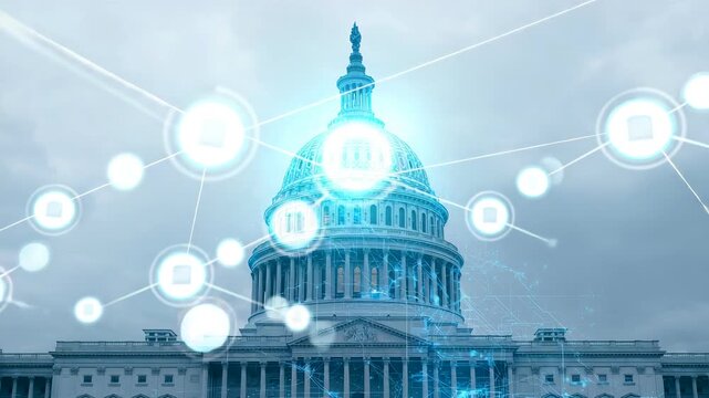 Capitol building with glowing network nodes and connecting lines over facade
