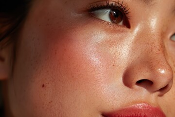 Fototapeta premium Closeup of Asian woman showcasing radiant skin and natural beauty in a bright indoor setting during the day