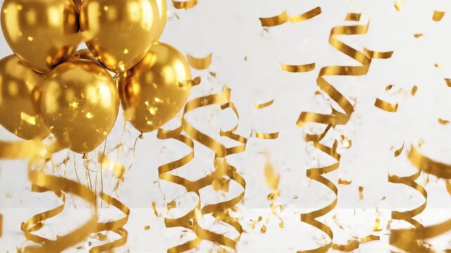 golden party balloons and confetti flying with curling ribbons on white background festive celebration border for birthday or new year