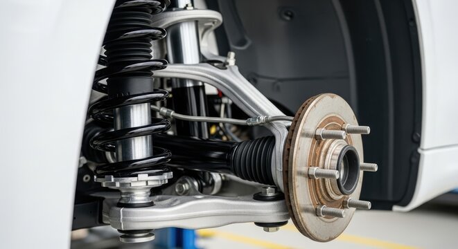 A car's suspension system with visible components like shock absorbers, wheels, and brake discs.
