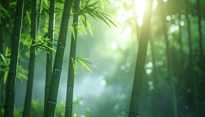 Vibrant green bamboo stalks bathed in soft, ethereal sunlight within a dense forest setting.