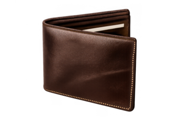Brown bifold wallet in genuine leather, concept of personal finance, saving money, payments, shopping, and economy