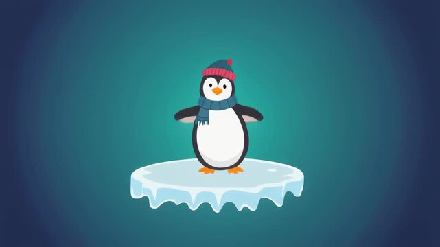 Cute Cartoon Penguin Wearing Hat and Scarf Standing on Ice Floe in Blue Water.