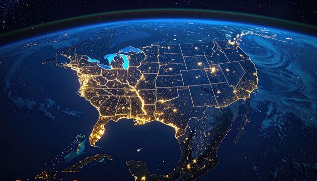 Satellite view of the contiguous United States illuminated at night. - Powered by Adobe