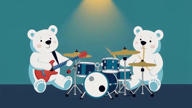 Cute Cartoon Polar Bears Playing Music on Stage with Guitar and Drums.