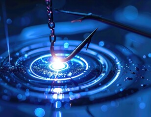 A glowing digital fishing hook poised over concentric blue light rings.