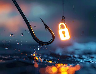 A glowing digital padlock dangles tantalizingly above dark water, tempting a large sharp fish hook.