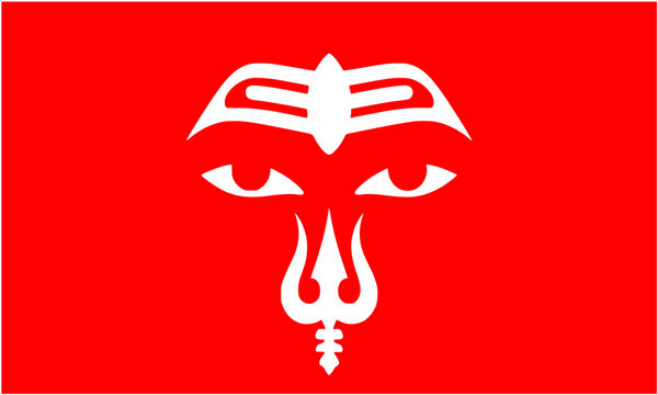 Spiritual illustration of Lord Shiva's eyes with Trishula trident and sacred Tripundra tilak, Hindu religious symbols of Mahadev on red background for meditation and devotion