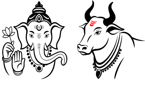 Hindu deities line art illustration of Lord Ganesha and sacred Nandi bull, spiritual Indian religious icons with lotus flower, traditional black and white divine symbols for yoga and meditation