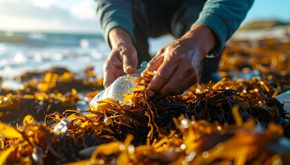 Sun-kissed hands carefully gather ocean-fresh seaweed from the coastal shallows, illustrating the timeless practice of foraging for natural resources