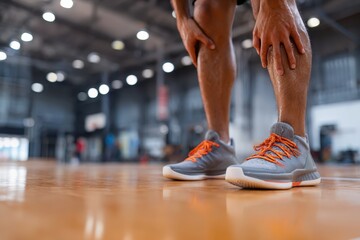 Basketball player experiences ankle pain during practice on indoor court in evening, focusing on injury while crouching and gripping ankle for support