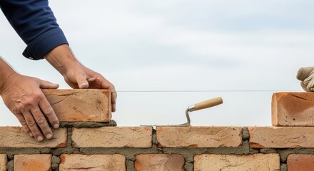 A brick wall being constructed with a trowel and a brick.