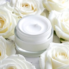 A jar of white, creamy skincare product surrounded by fresh, pristine white roses, creating a luxurious and floral aesthetic