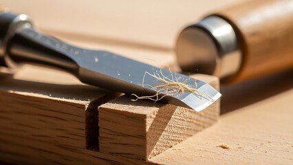 Sharp Chisel Cutting Through Wood with Precision and Detail, Close up View