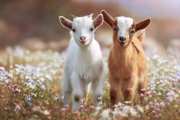 Fototapeta premium Two playful baby goats frolic in a vibrant field filled with colorful wildflowers under a sunny sky on a cheerful day