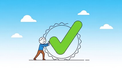 A person pushing a large green checkmark within a circular frame