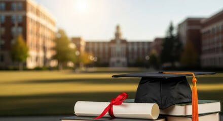 Graduation cap and diploma on a stack of books in front of a university campus.