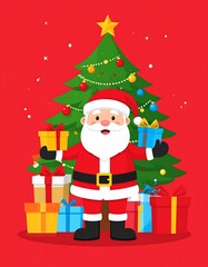 A jolly character with gifts stands before a decorated tree, a festive backdrop