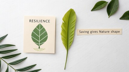 Illustration of a leaf design promoting resilience with greenery and a motivational quote about saving nature's shape.