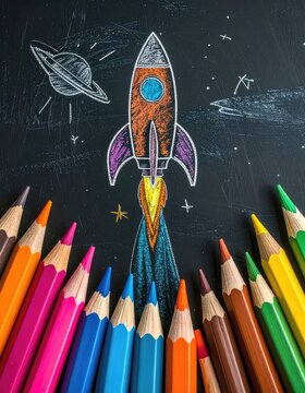 A vibrant chalk drawing of a rocket taking off on a blackboard surrounded by colored pencils.