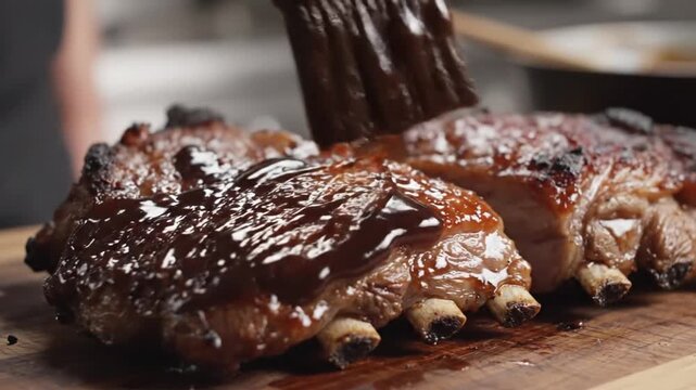 Chef brushing bbq sauce on grilled ribs overhead shot