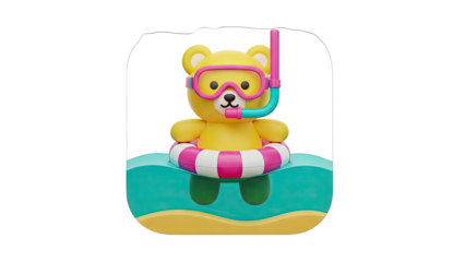 Cute Yellow Bear Swimming with Snorkel and Life Ring
