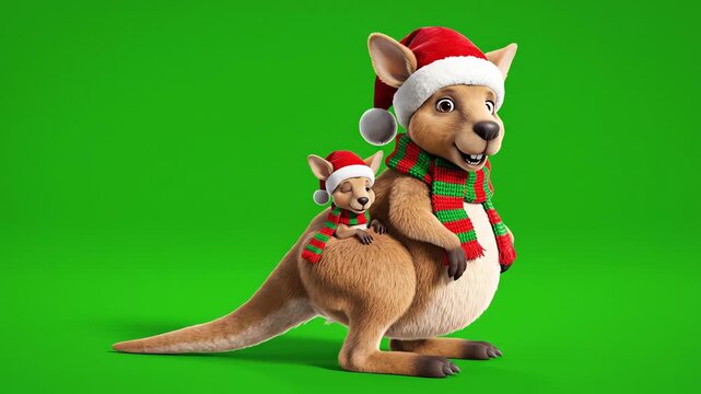 Cute 3D Cartoon Kangaroo And Joey Wearing Red Santa Hats And Green Striped Scarves For Christmas Holiday Celebration Isolated On