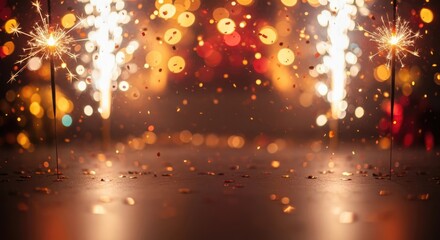 Obraz premium Two sparklers against a festive background with confetti and lights.