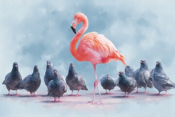 Stand out by being unique like a flamingo among a flock of pigeons in a serene environment, showcasing individuality and confidence in every step