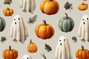 Colorful Halloween seamless pattern featuring playful ghosts and assorted pumpkins set against a muted background showcasing the spirit of the festive season