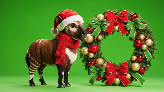 Cute Okapi Wearing Red Santa Hat And Scarf Standing Next To Large Christmas Wreath On Green Screen Background For Holiday