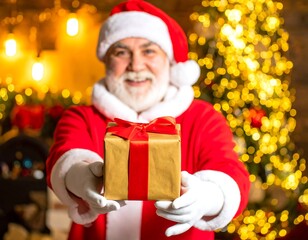 A jolly figure in a red suit and hat holds out a wrapped present, a festive scene with a blurred background