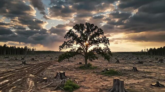 lone tree surviving in vast deforested landscape at dramatic sunset highlighting climate change deforestation crisis and environmental loss