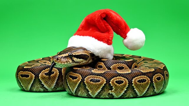 Festive Ball Python Wearing Santa Hat on Green Screen Background Snake Pet Exotic Animal Holiday Christmas Themed Wildlife