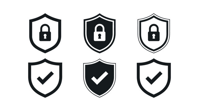 Security shield icons check mark padlock protection vector