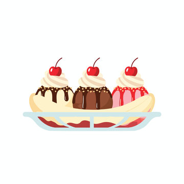 Cartoon image of a banana split with three ice cream scoops and cherries on top