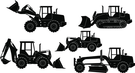 Construction Vehicle and Heavy Equipment Silhouette Icons, Grader, Loader, Boom Lift, and Pickup Truck Vector Graphic Illustration Set. © parves's world