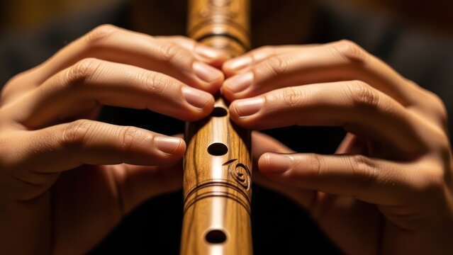 Close-up of hands playing a wooden flute with finger holes.