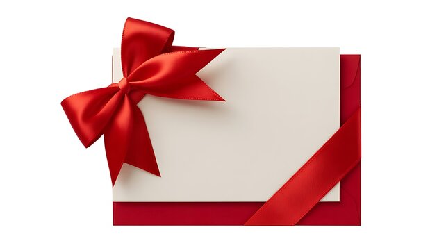 Blank white gift card with red envelope and satin bow isolated on white background