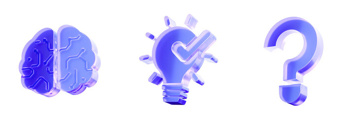 Set 3D Glass brain, idea lightbulb, and question mark icon isolated on transparent background, symbols for brainstorming, creative innovation, and problem solving. Liquid Glass design icon. 3D renderi