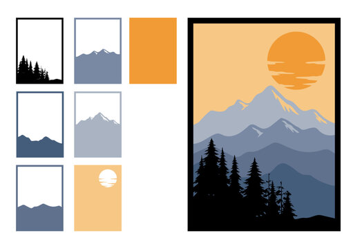 Multilayer paper cut vector illustration of a mountain landscape with pine forest silhouettes
