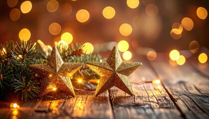 Two sparkling gold Christmas stars rest on weathered wood beside evergreen branches with warm bokeh lights in the background.