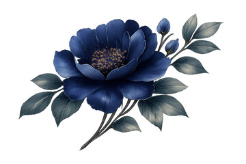 Deep blue peony flower illustration with dark leaves and buds, elegant floral design, transparent background
