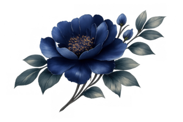 Deep blue peony flower illustration with dark leaves and buds, elegant floral design, transparent background